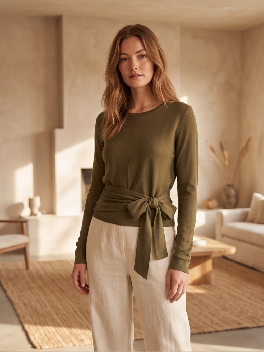 Modern Citizen Long Sleeve Wrap Around Tie Top, Knit Olive Green Size Medium